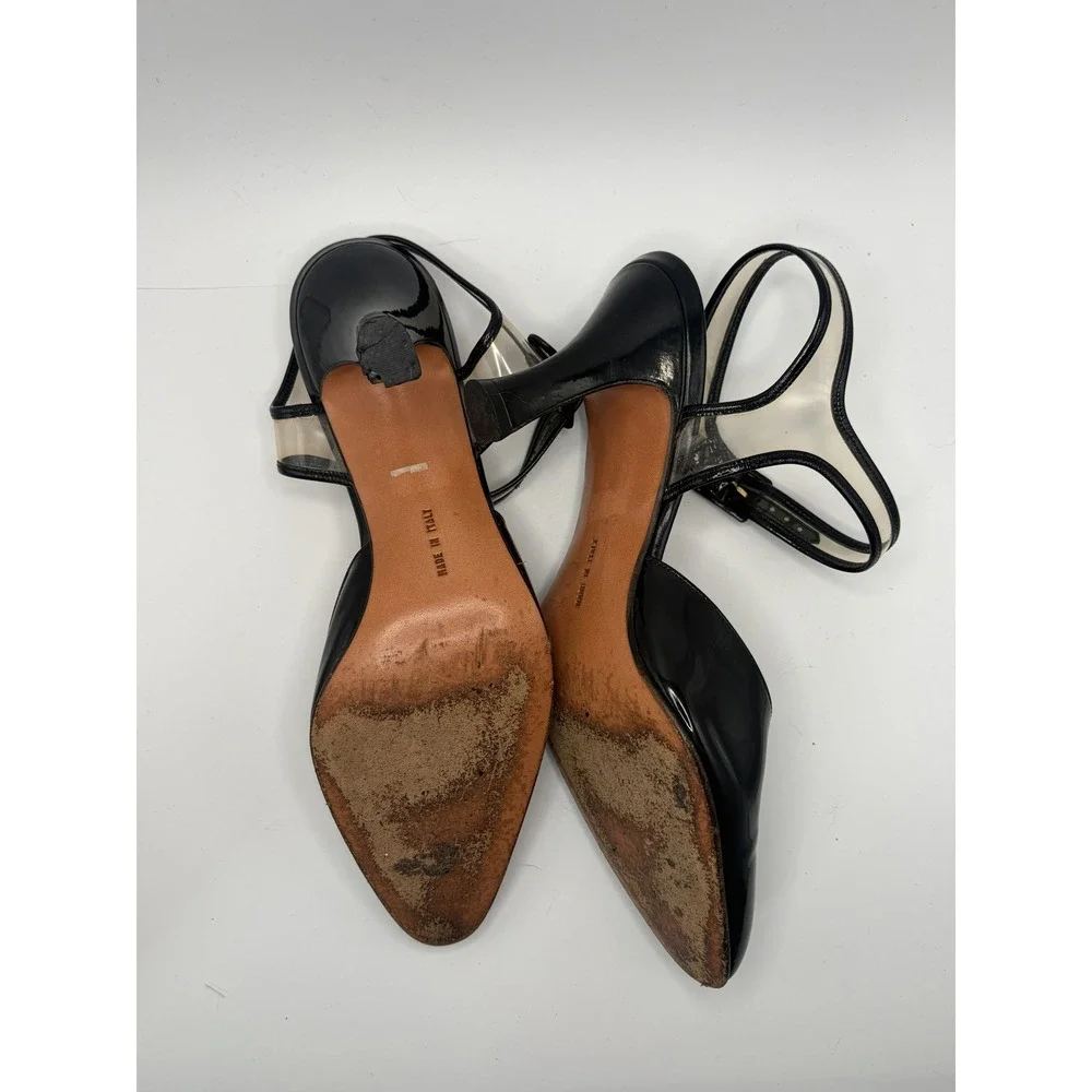 Salvatore Ferragamo Black Patent Leather PVC Ankle Strap Pumps Heels 7.5 B Italy